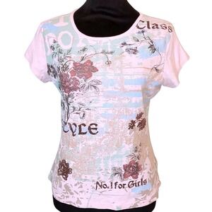 Vintage Y2K Pink Floral Graphic Baby Tee‎ Made in USA Glam Coquette Class Top